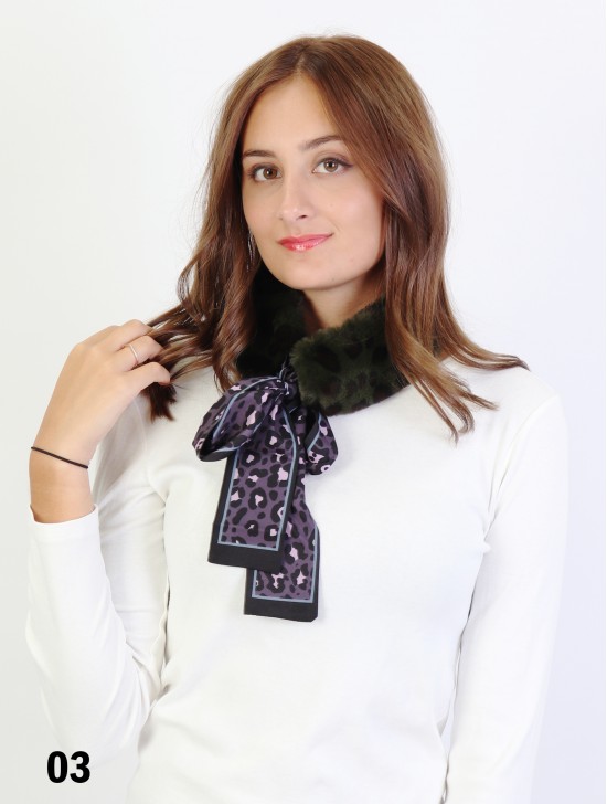 Leopard Plush Scarf W/ Silk Ribbon